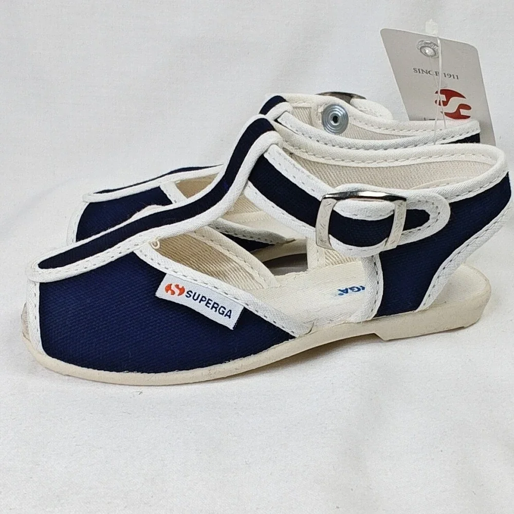 Superga 1200 COTJ Sandals Navy Blue Canvas T-Strap Kids Size 8.5 US 25 EU New